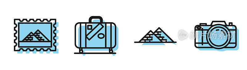 Set line Egypt pyramids, Postal stamp and Egypt pyramids, Suitcase for travel and stickers and Photo camera icon. Vector